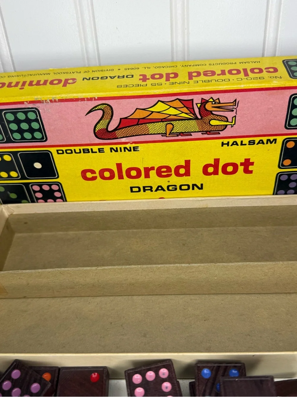 Vintage Dragon Dominoes with colored dots by Halsam Set Box GUC 920-C 55 Pieces